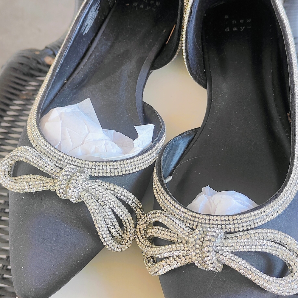 a new day Black Flats with Silver Rhinestone Bow